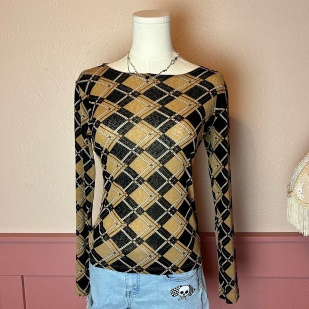 woolworths y2k argyle plaid boat neck long sleeve blouse top sz 10 brown black